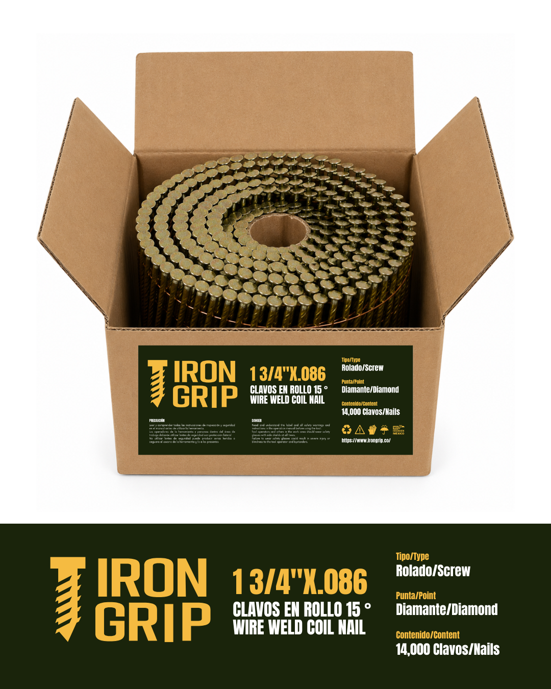 IronGrip 15° Wire-Collated Coil Nails — 0.086" x 1 3/4"