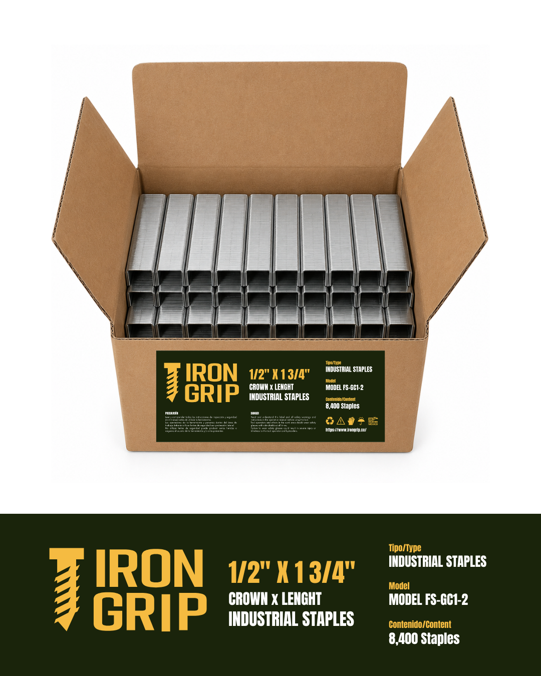 IronGrip FS Series 70 Galvanized Staples — 1/2" crown x 1 3/4" leg