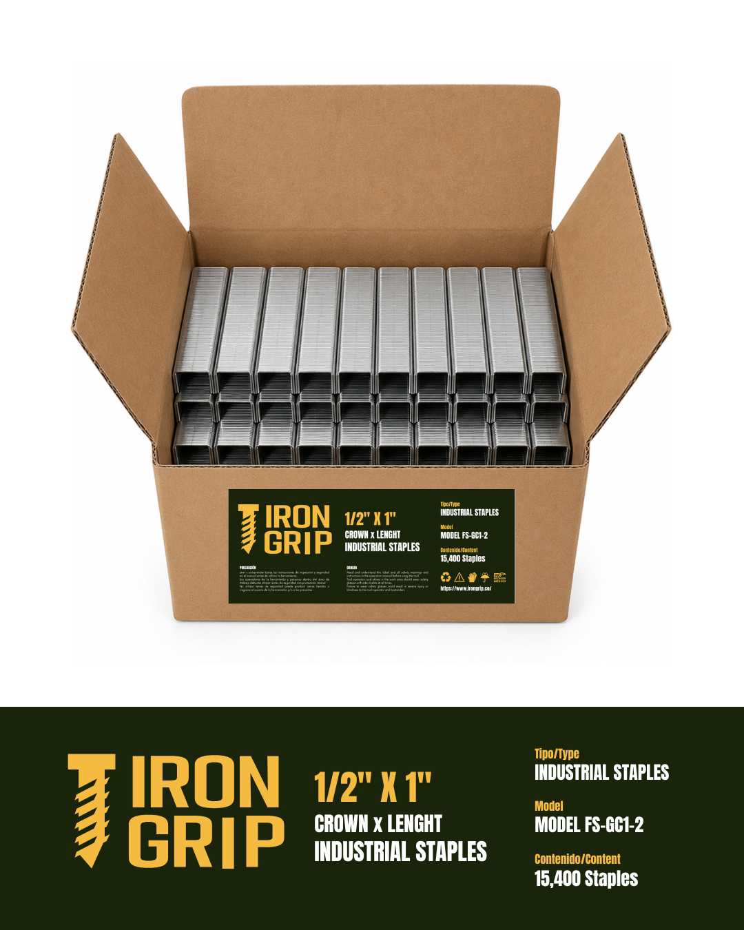 IronGrip FS Series 70 Galvanized Staples — 1/2" crown x 1" leg
