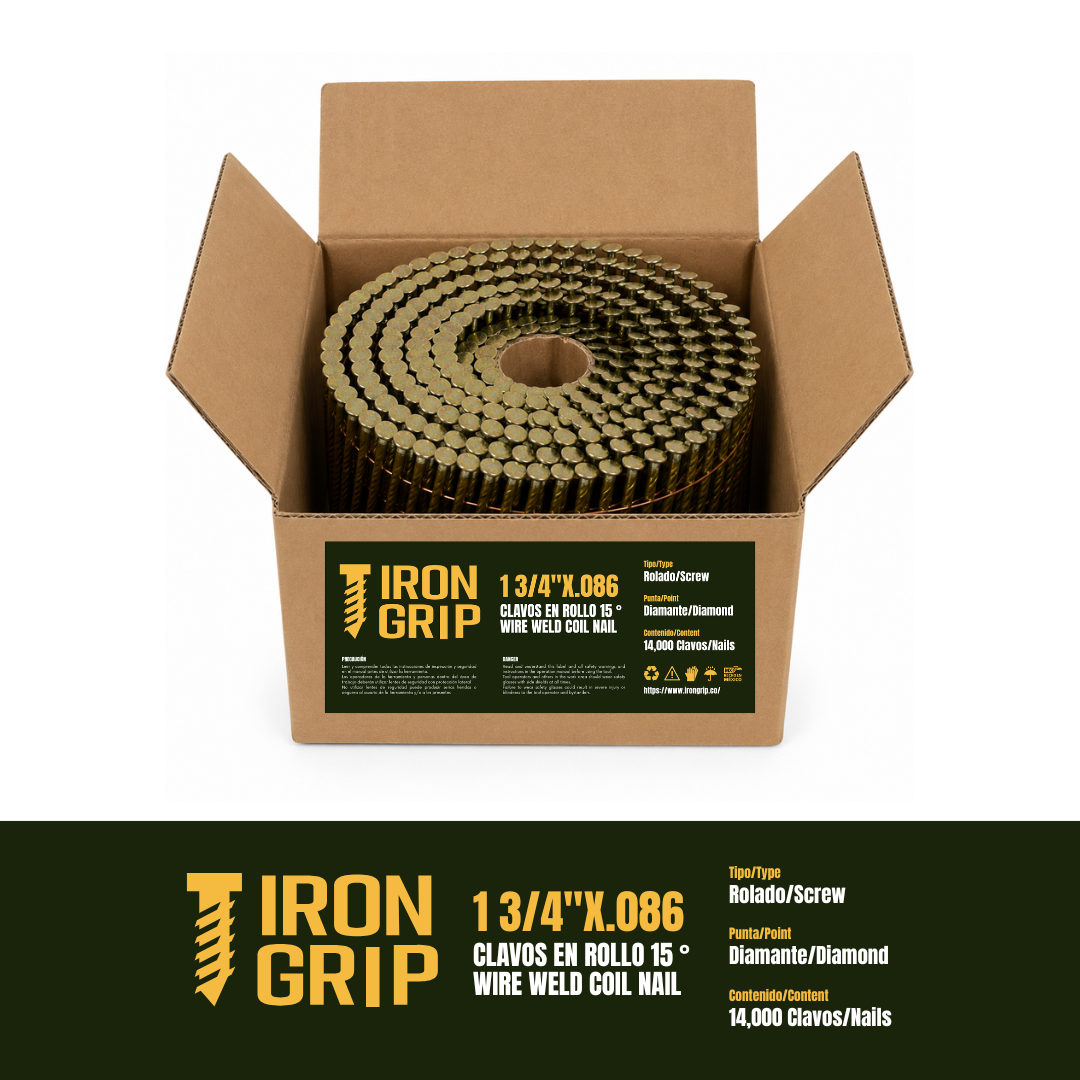IronGrip 15° Wire-Collated Coil Nails — 0.086" x 1 3/4"