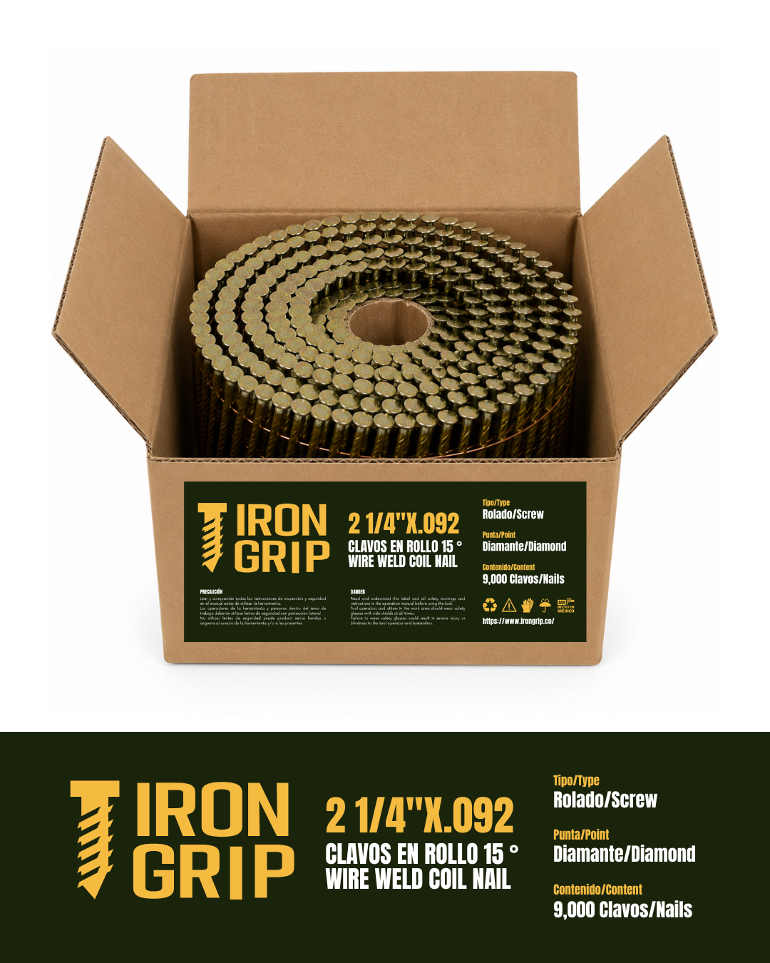 IronGrip 15° Wire-Collated Coil Nails — 0.092" x 2 1/4"